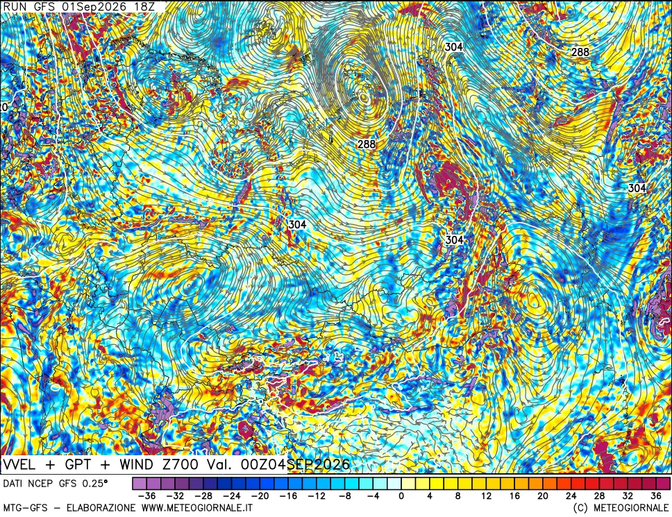mappa 700 hPa Velocità verticiali + GPT + Vento