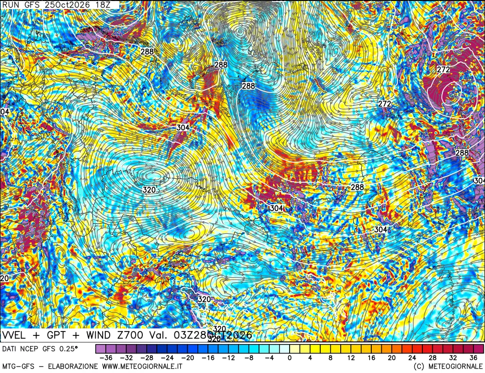 mappa 700 hPa Velocità verticiali + GPT + Vento