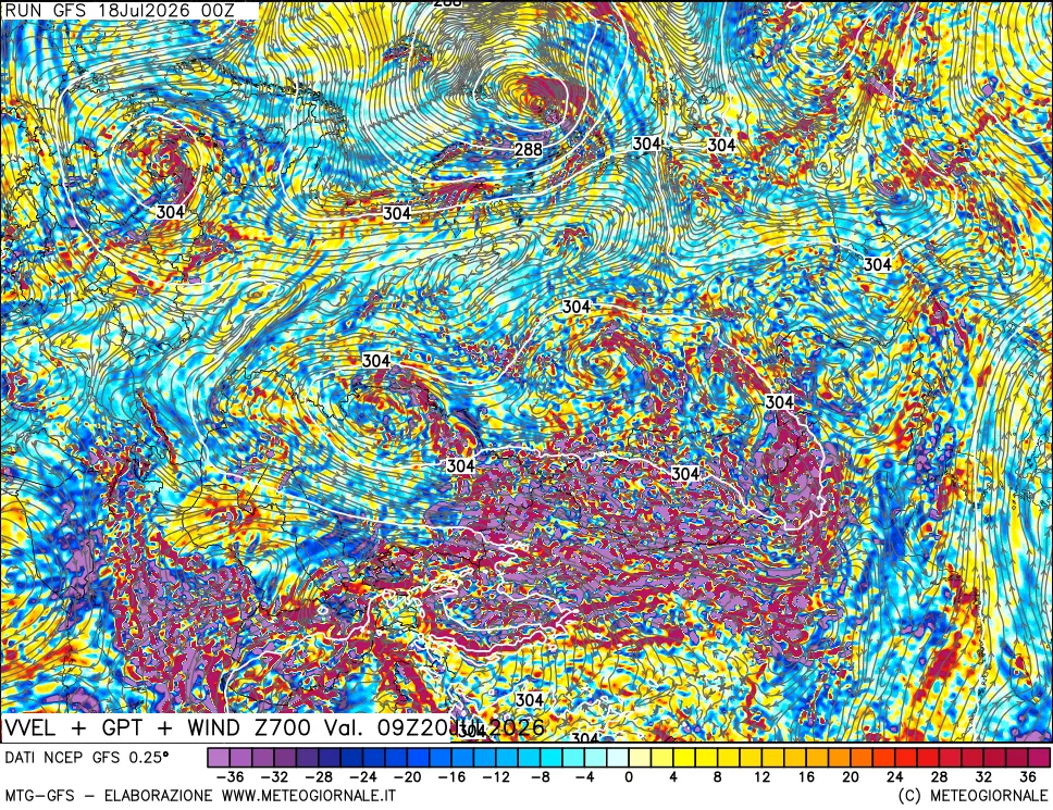 mappa 700 hPa Velocità verticiali + GPT + Vento