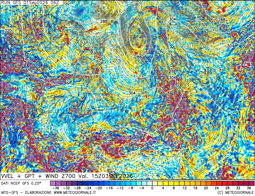 mappa 700 hPa Velocità verticiali + GPT + Vento
