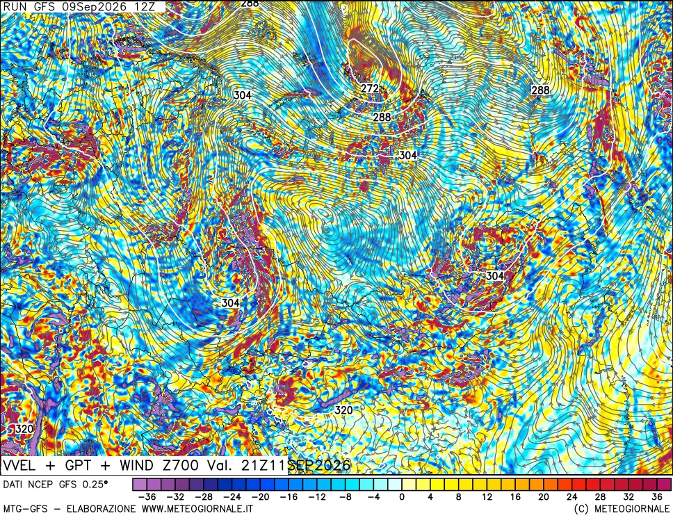 mappa 700 hPa Velocità verticiali + GPT + Vento