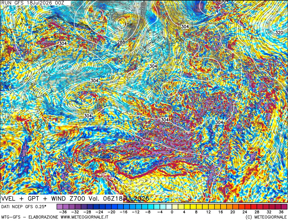 mappa 700 hPa Velocità verticiali + GPT + Vento