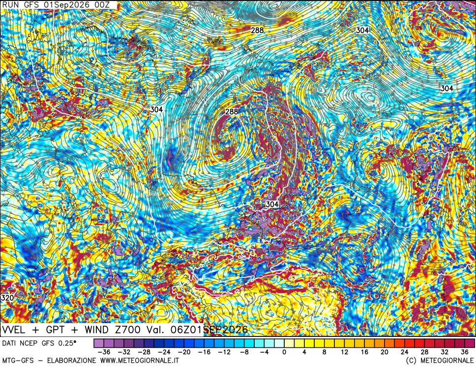 mappa 700 hPa Velocità verticiali + GPT + Vento