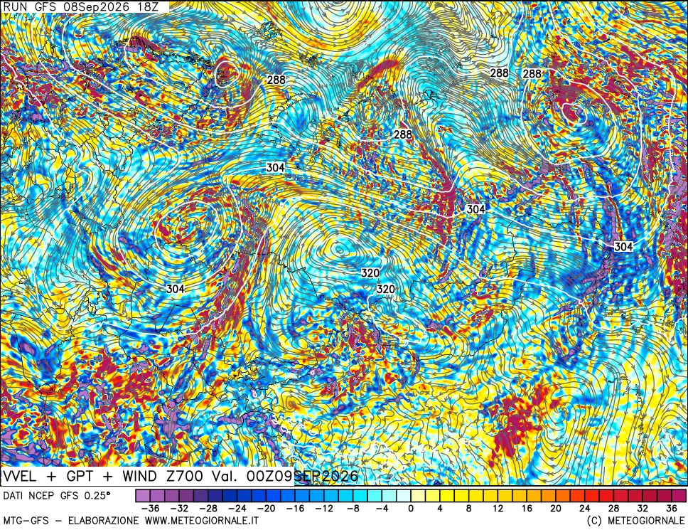 mappa 700 hPa Velocità verticiali + GPT + Vento