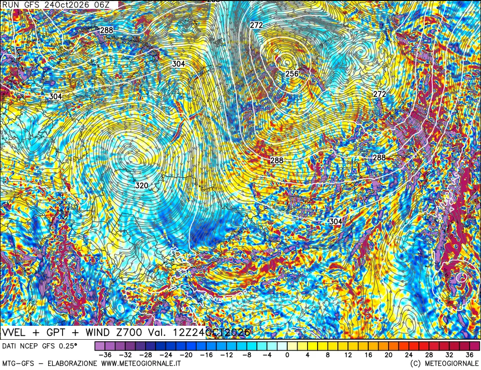 mappa 700 hPa Velocità verticiali + GPT + Vento