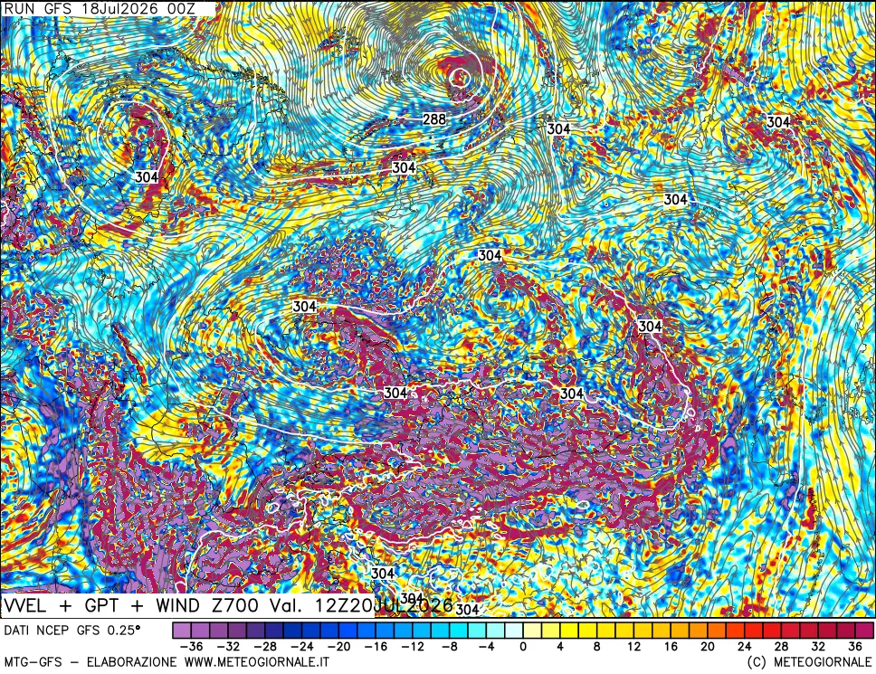mappa 700 hPa Velocità verticiali + GPT + Vento