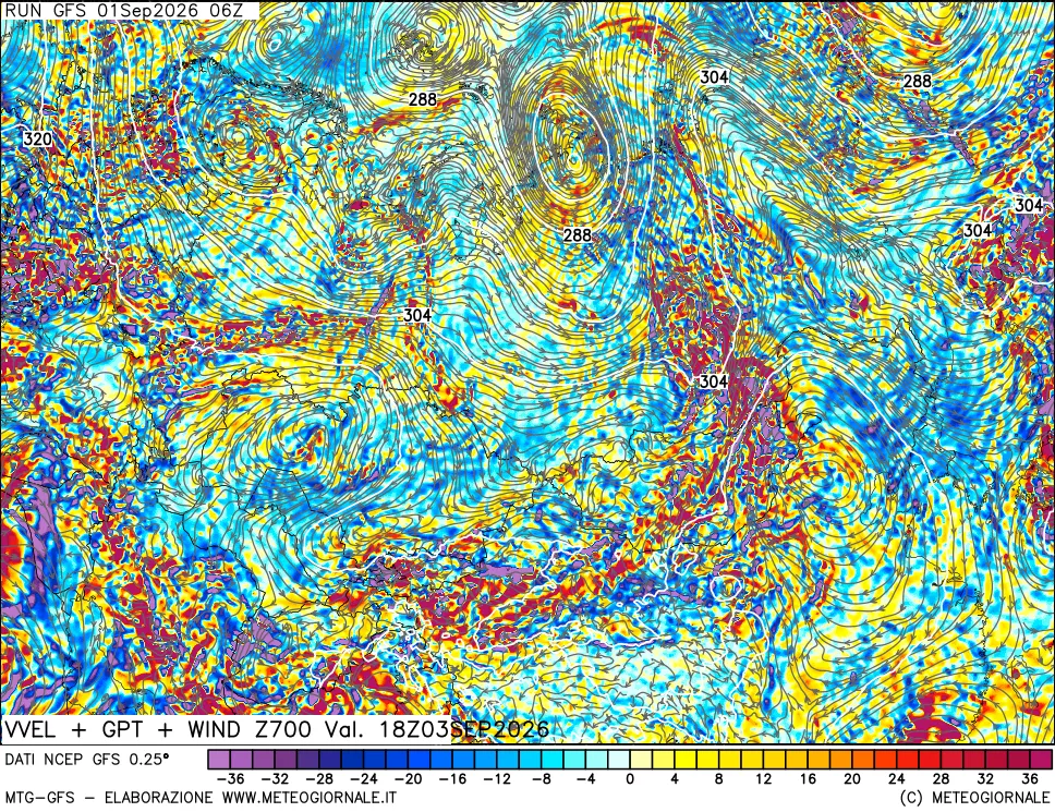 mappa 700 hPa Velocità verticiali + GPT + Vento