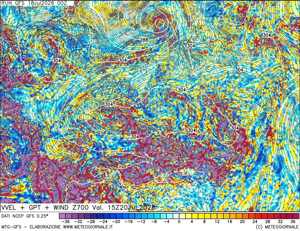 mappa 700 hPa Velocità verticiali + GPT + Vento