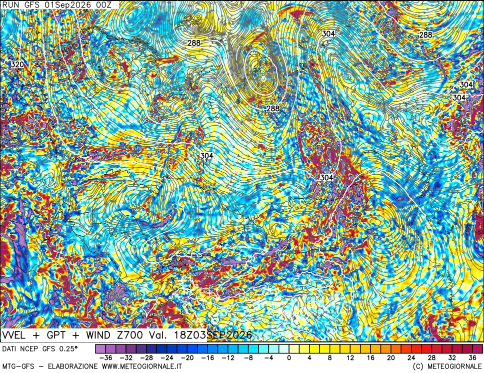 mappa 700 hPa Velocità verticiali + GPT + Vento