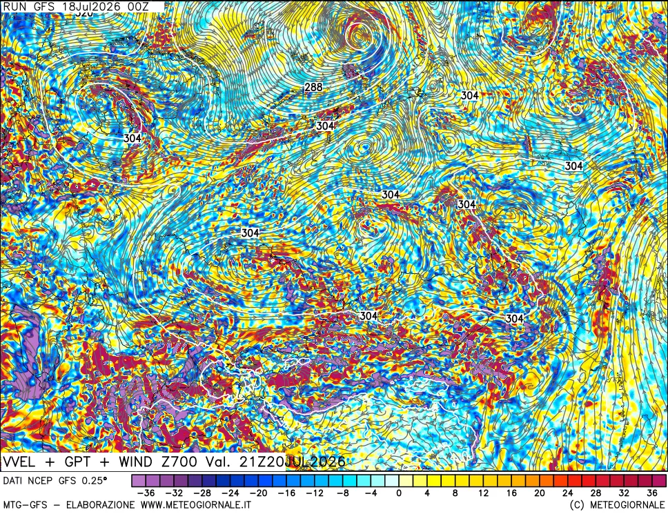 mappa 700 hPa Velocità verticiali + GPT + Vento