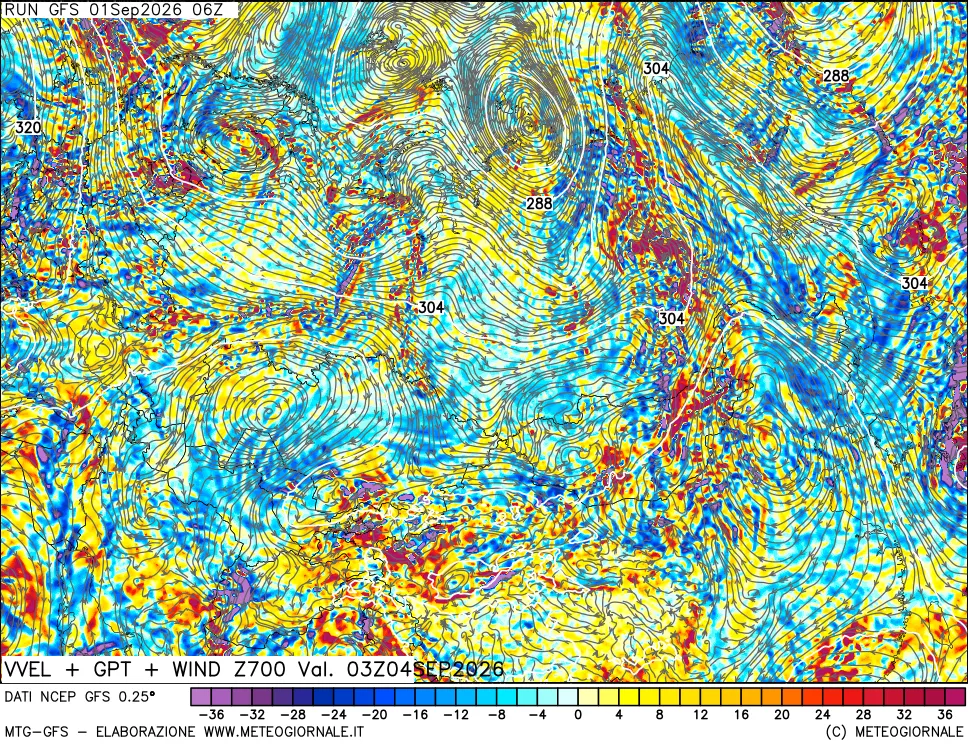 mappa 700 hPa Velocità verticiali + GPT + Vento
