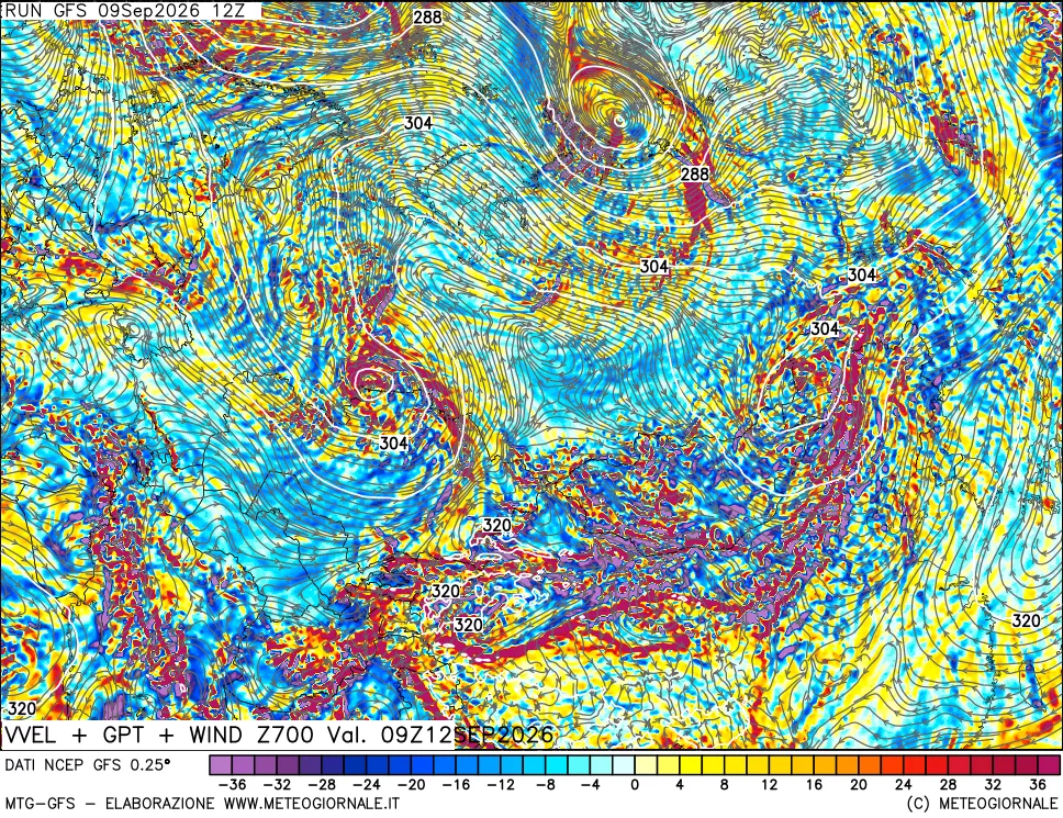 mappa 700 hPa Velocità verticiali + GPT + Vento