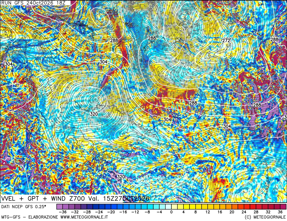 mappa 700 hPa Velocità verticiali + GPT + Vento
