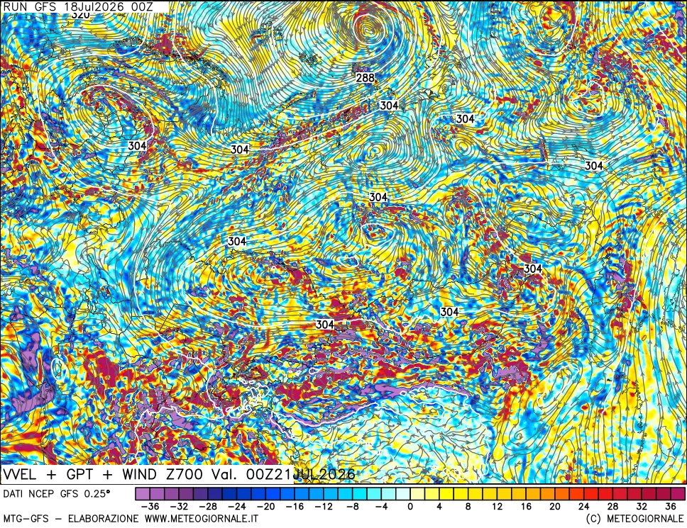 mappa 700 hPa Velocità verticiali + GPT + Vento