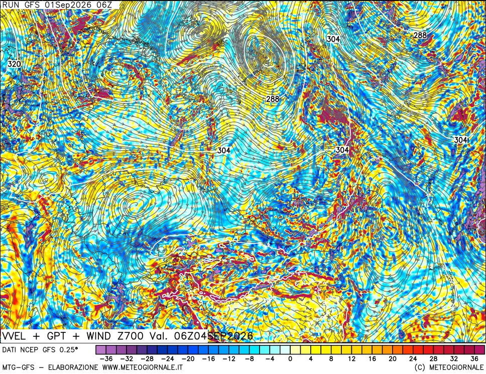 mappa 700 hPa Velocità verticiali + GPT + Vento