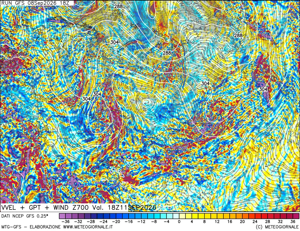mappa 700 hPa Velocità verticiali + GPT + Vento