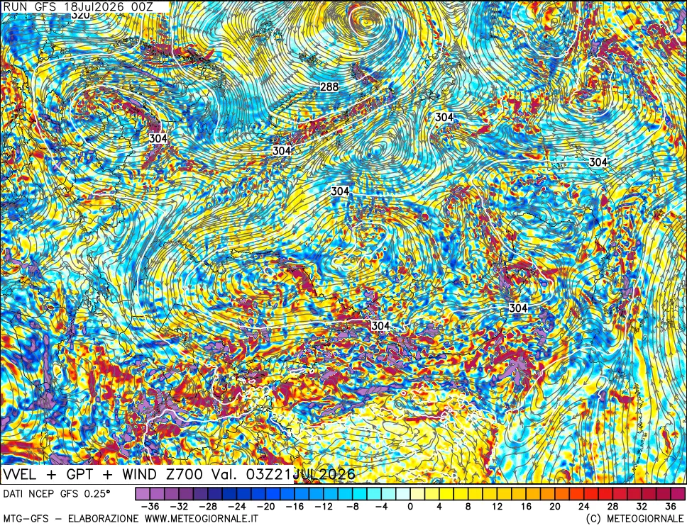 mappa 700 hPa Velocità verticiali + GPT + Vento