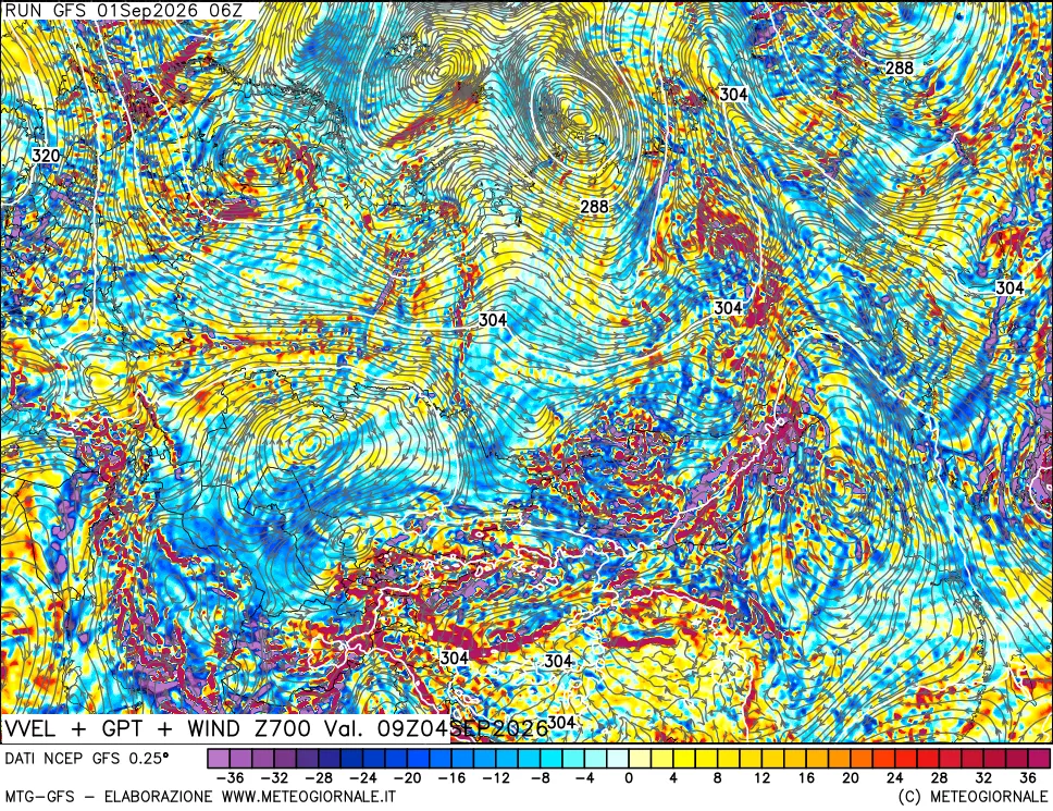 mappa 700 hPa Velocità verticiali + GPT + Vento