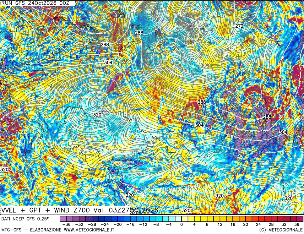 mappa 700 hPa Velocità verticiali + GPT + Vento