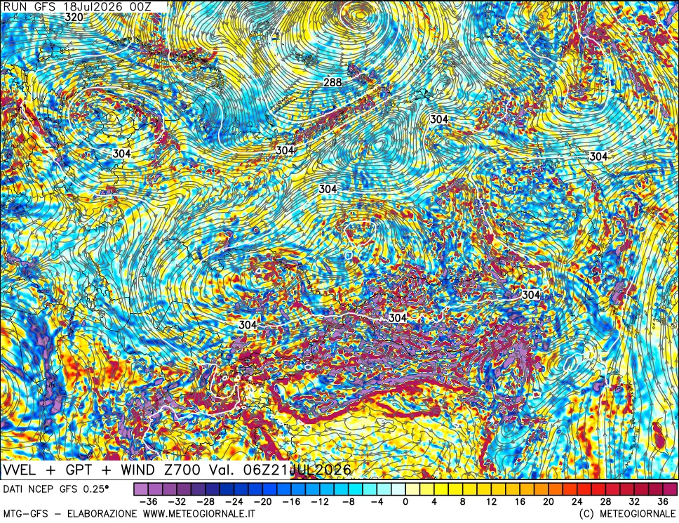 mappa 700 hPa Velocità verticiali + GPT + Vento