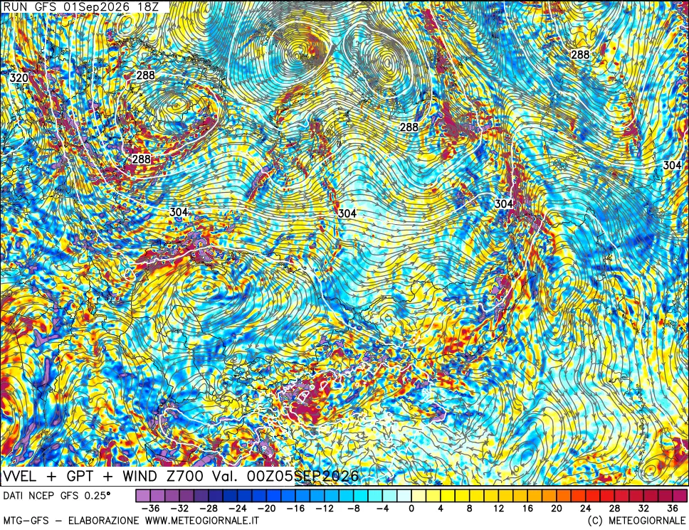 mappa 700 hPa Velocità verticiali + GPT + Vento