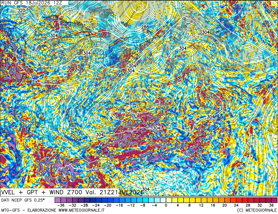 mappa 700 hPa Velocità verticiali + GPT + Vento