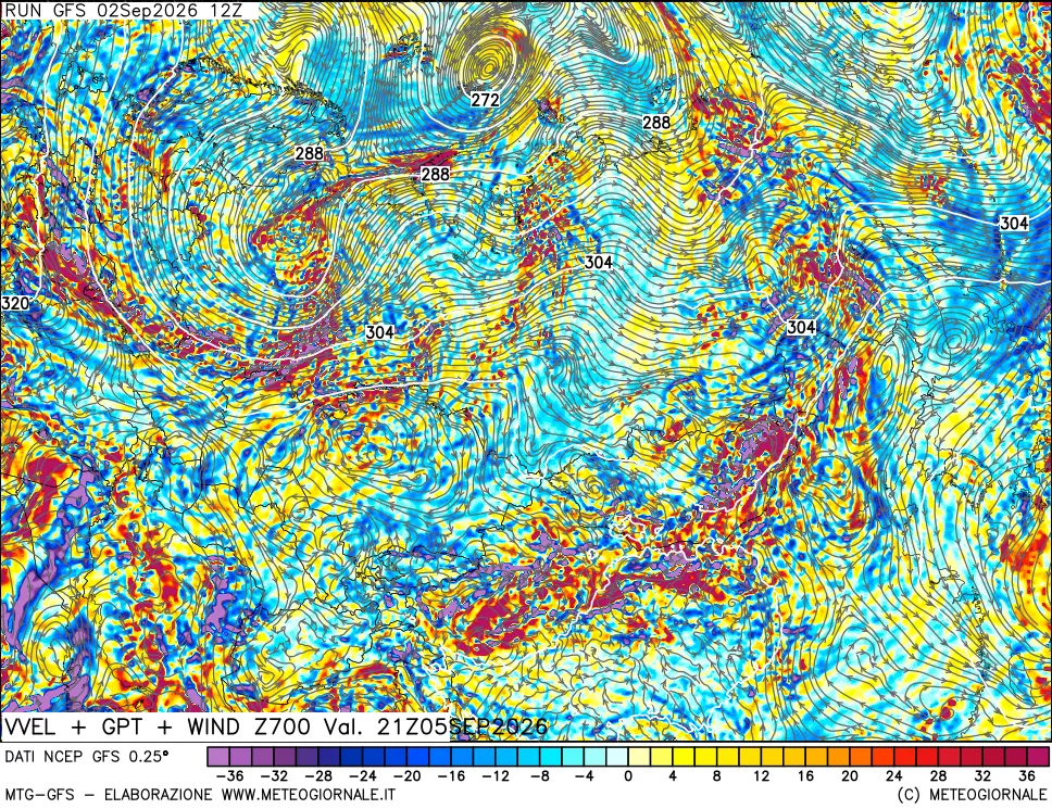mappa 700 hPa Velocità verticiali + GPT + Vento