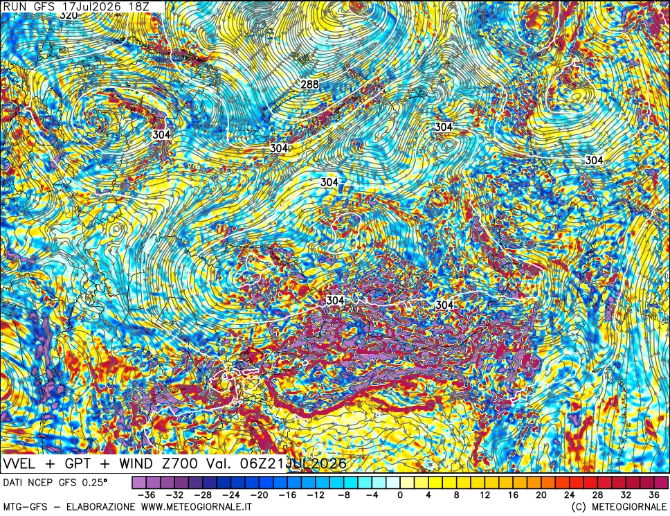 mappa 700 hPa Velocità verticiali + GPT + Vento