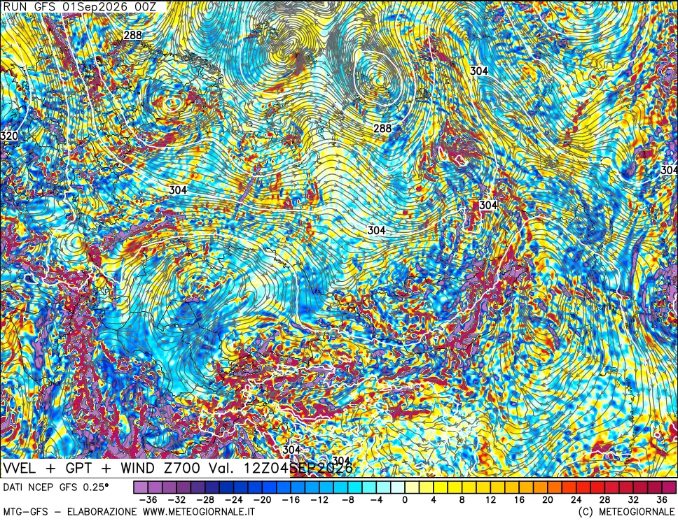 mappa 700 hPa Velocità verticiali + GPT + Vento