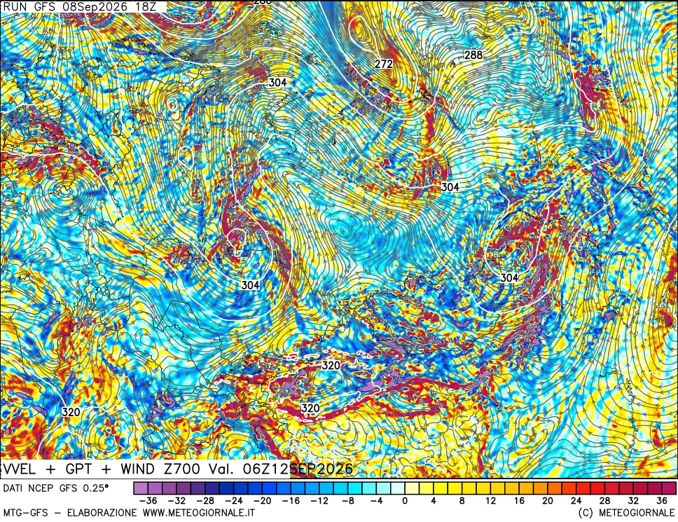 mappa 700 hPa Velocità verticiali + GPT + Vento