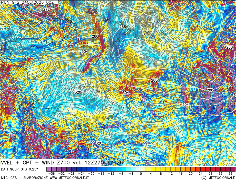 mappa 700 hPa Velocità verticiali + GPT + Vento