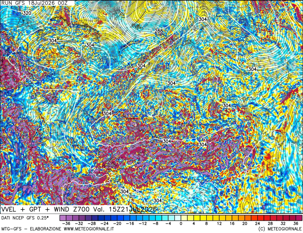 mappa 700 hPa Velocità verticiali + GPT + Vento