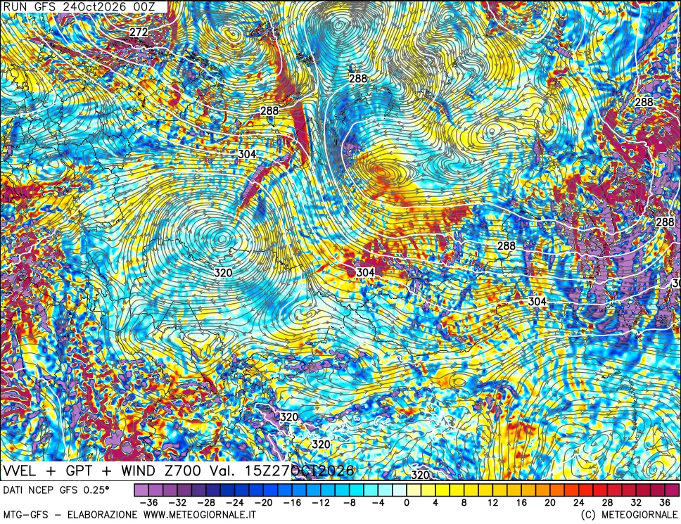mappa 700 hPa Velocità verticiali + GPT + Vento