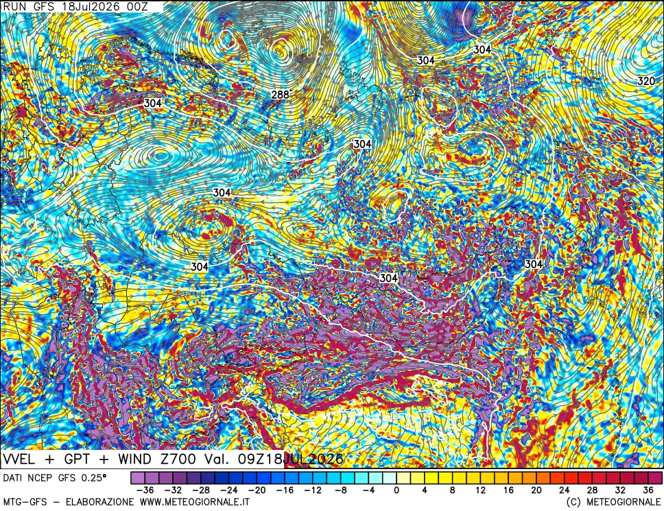 mappa 700 hPa Velocità verticiali + GPT + Vento