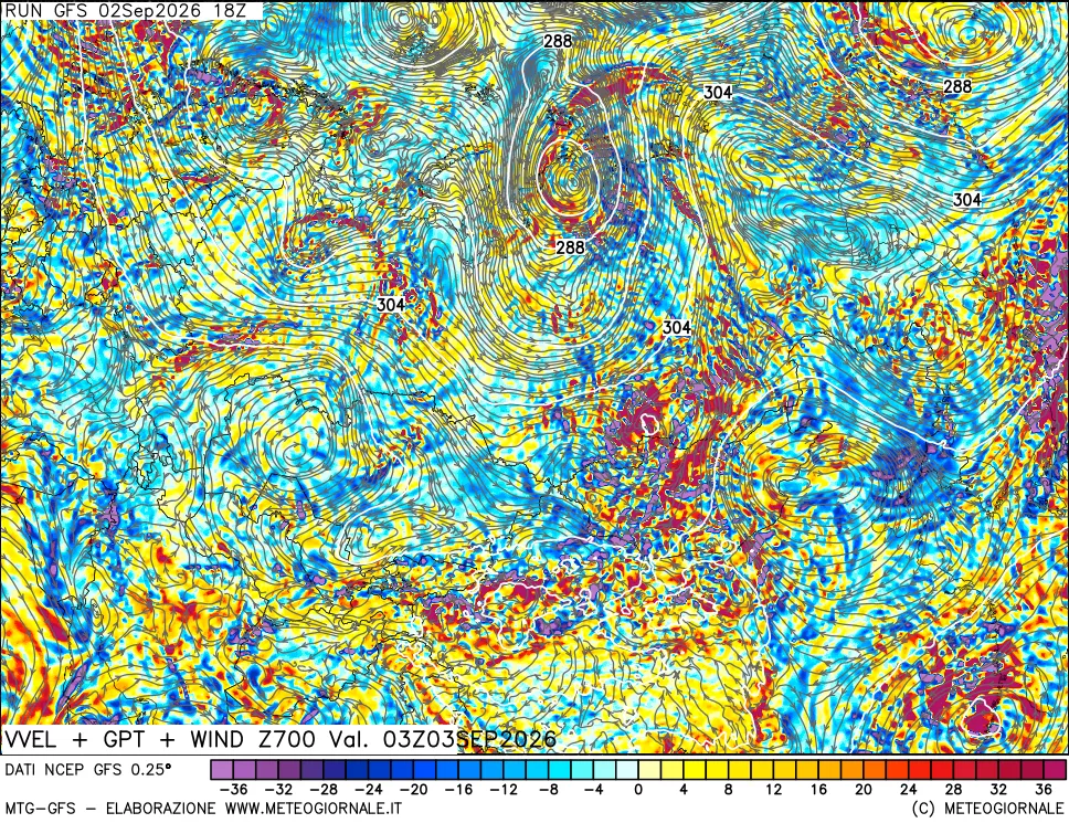 mappa 700 hPa Velocità verticiali + GPT + Vento