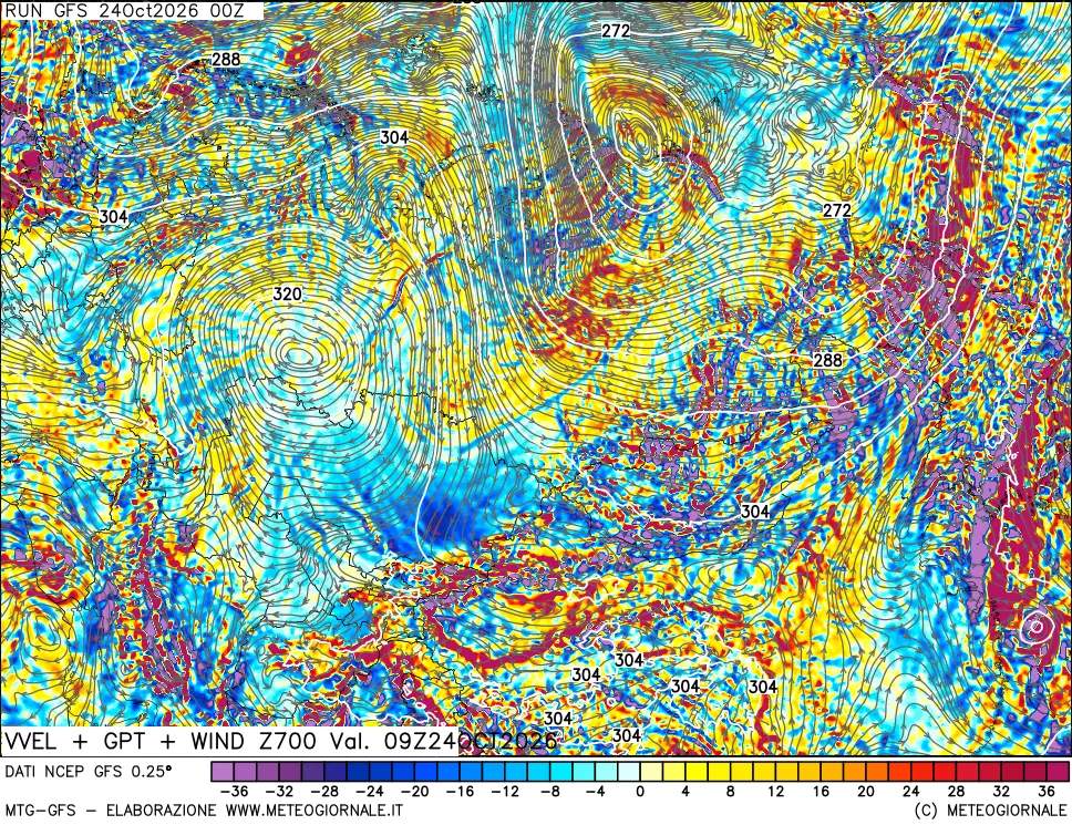 mappa 700 hPa Velocità verticiali + GPT + Vento
