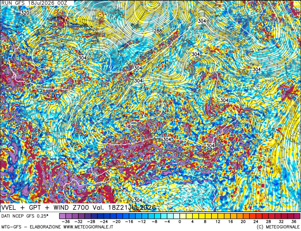 mappa 700 hPa Velocità verticiali + GPT + Vento