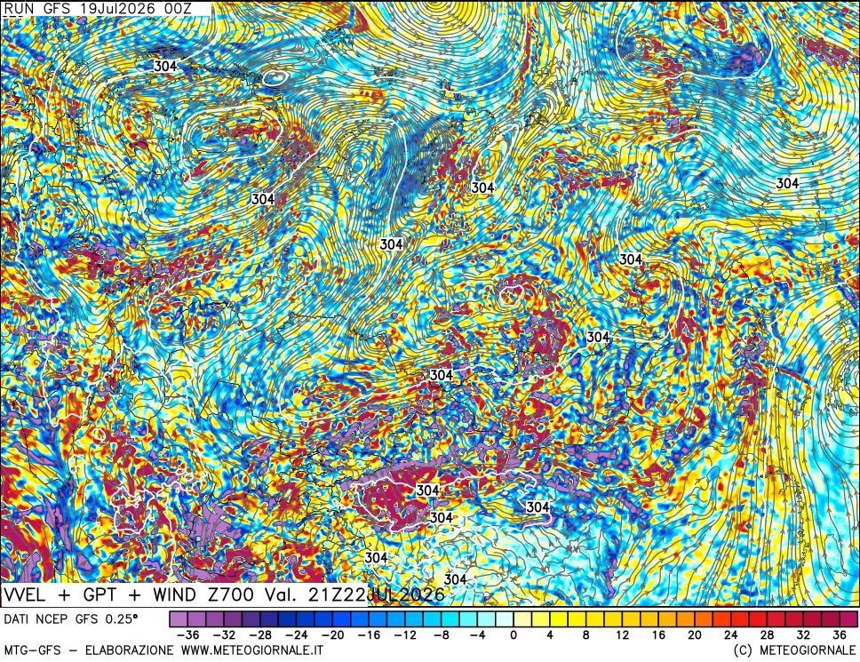 mappa 700 hPa Velocità verticiali + GPT + Vento