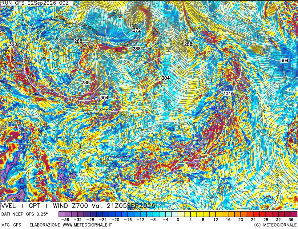 mappa 700 hPa Velocità verticiali + GPT + Vento