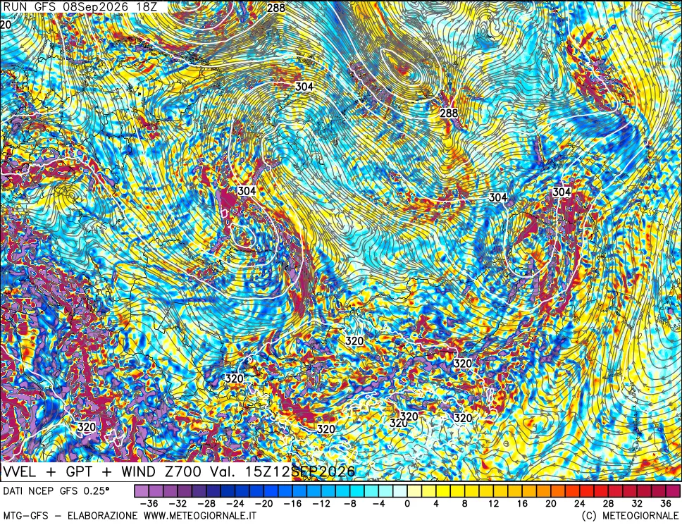 mappa 700 hPa Velocità verticiali + GPT + Vento