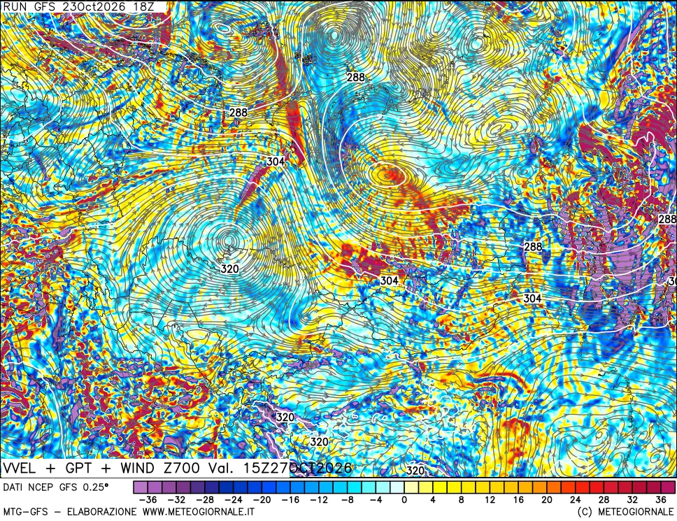 mappa 700 hPa Velocità verticiali + GPT + Vento