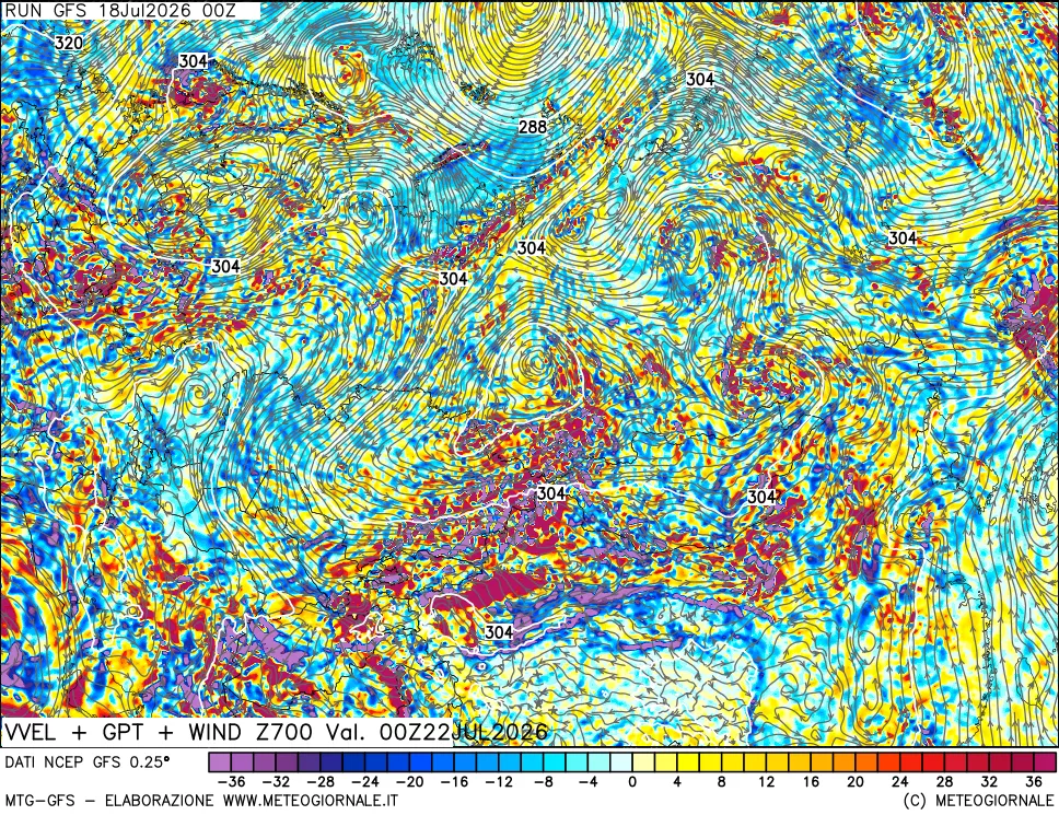 mappa 700 hPa Velocità verticiali + GPT + Vento