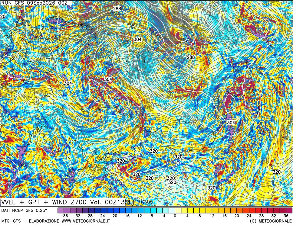 mappa 700 hPa Velocità verticiali + GPT + Vento
