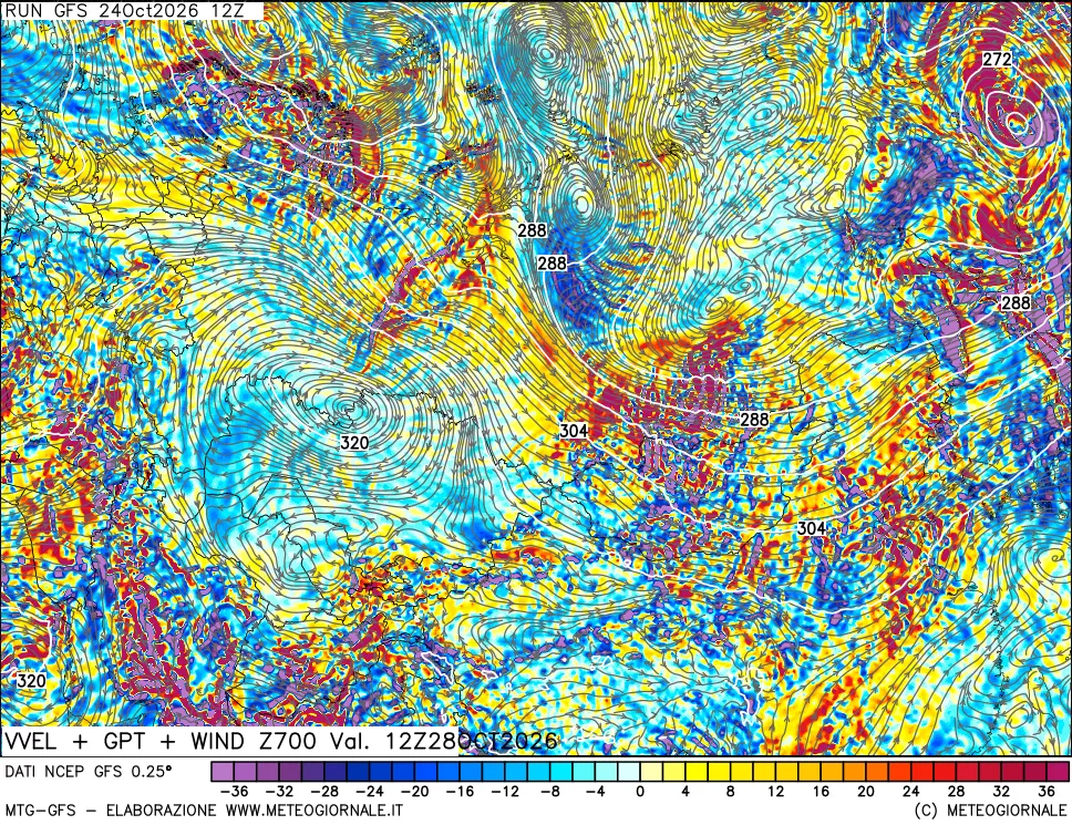 mappa 700 hPa Velocità verticiali + GPT + Vento