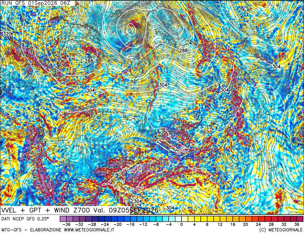 mappa 700 hPa Velocità verticiali + GPT + Vento
