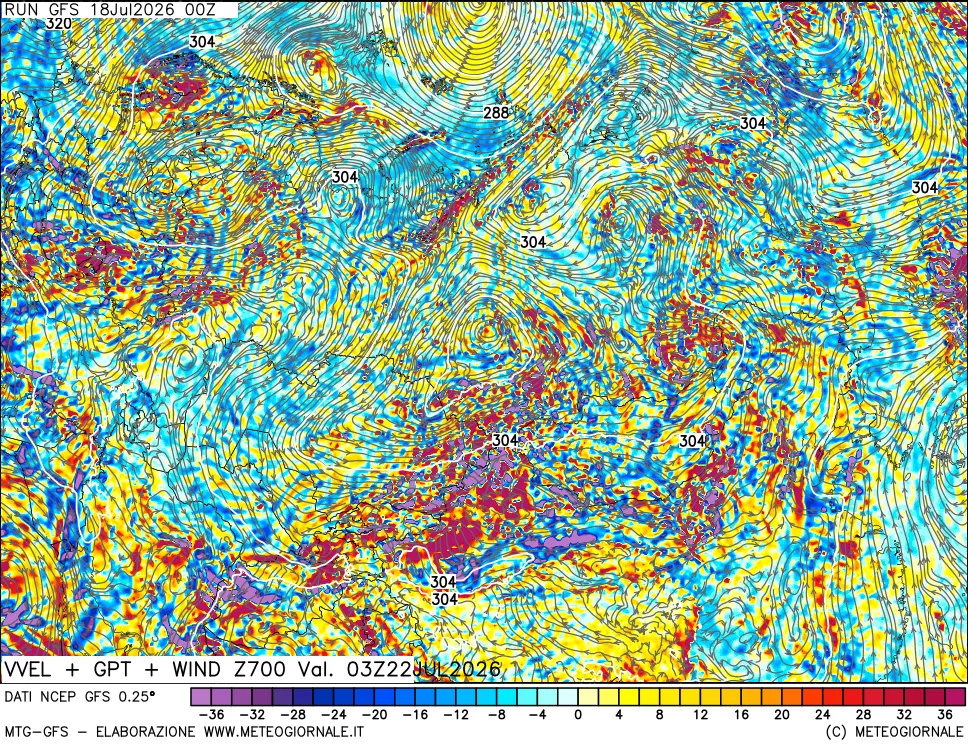 mappa 700 hPa Velocità verticiali + GPT + Vento
