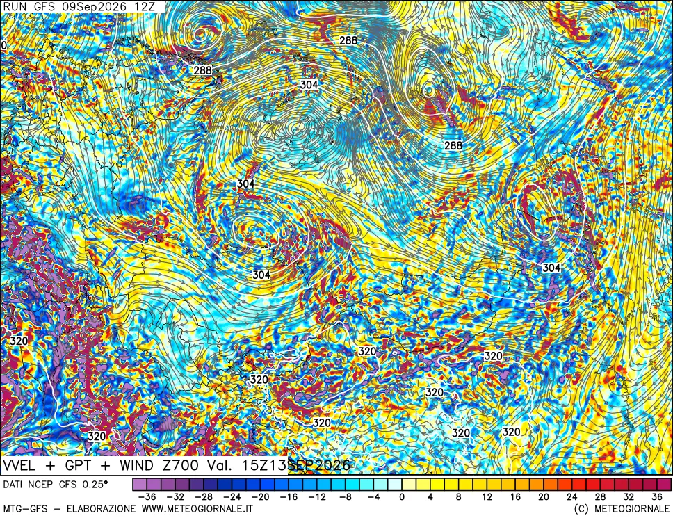 mappa 700 hPa Velocità verticiali + GPT + Vento
