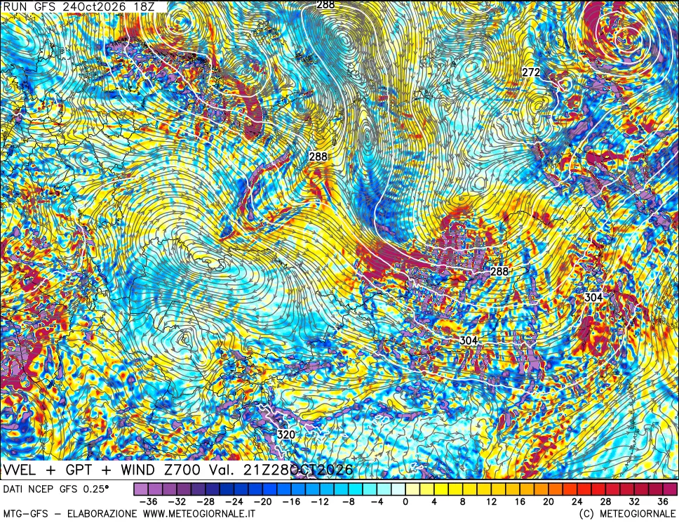 mappa 700 hPa Velocità verticiali + GPT + Vento