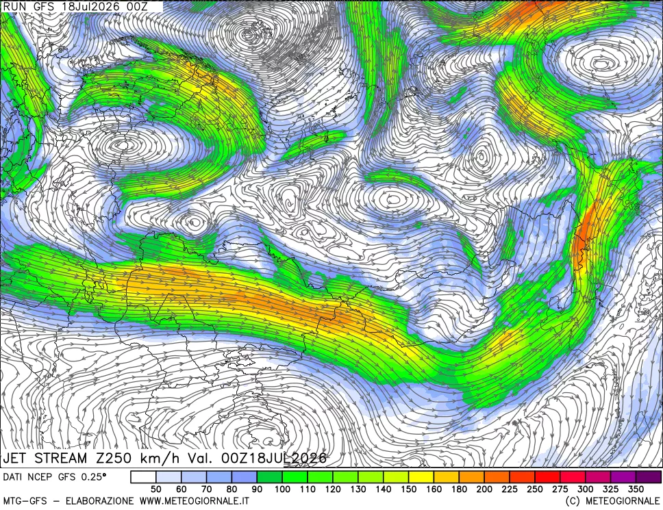 mappa 250 hPa Jet stream