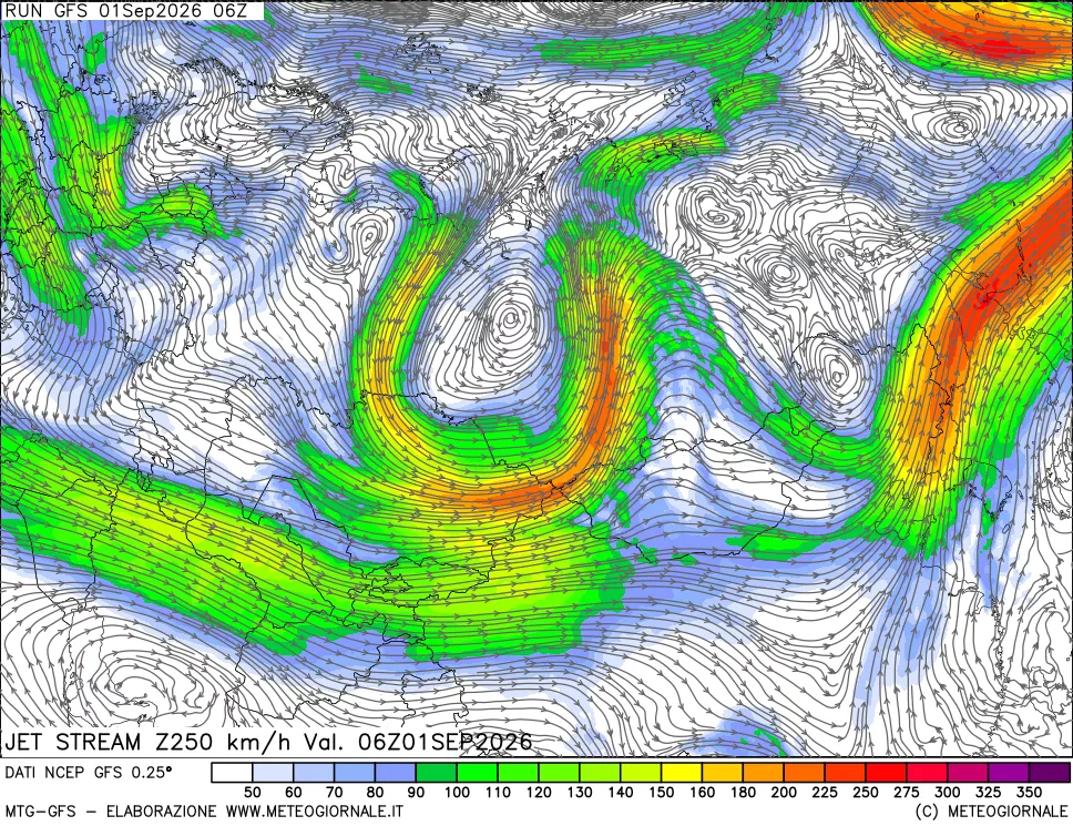 mappa 250 hPa Jet stream